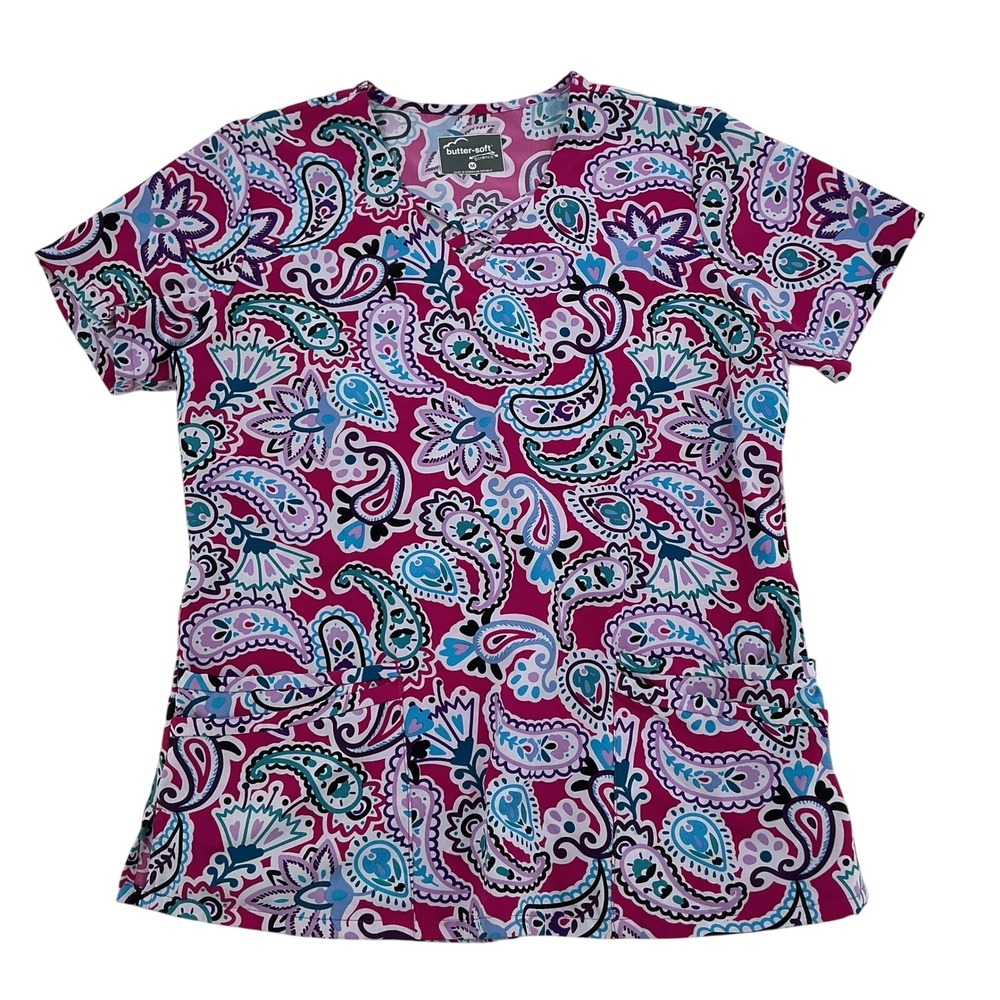 Butter-Soft Paisley Scrub Top Women Medium Pink Purple Stretch V-Neck Boho Work